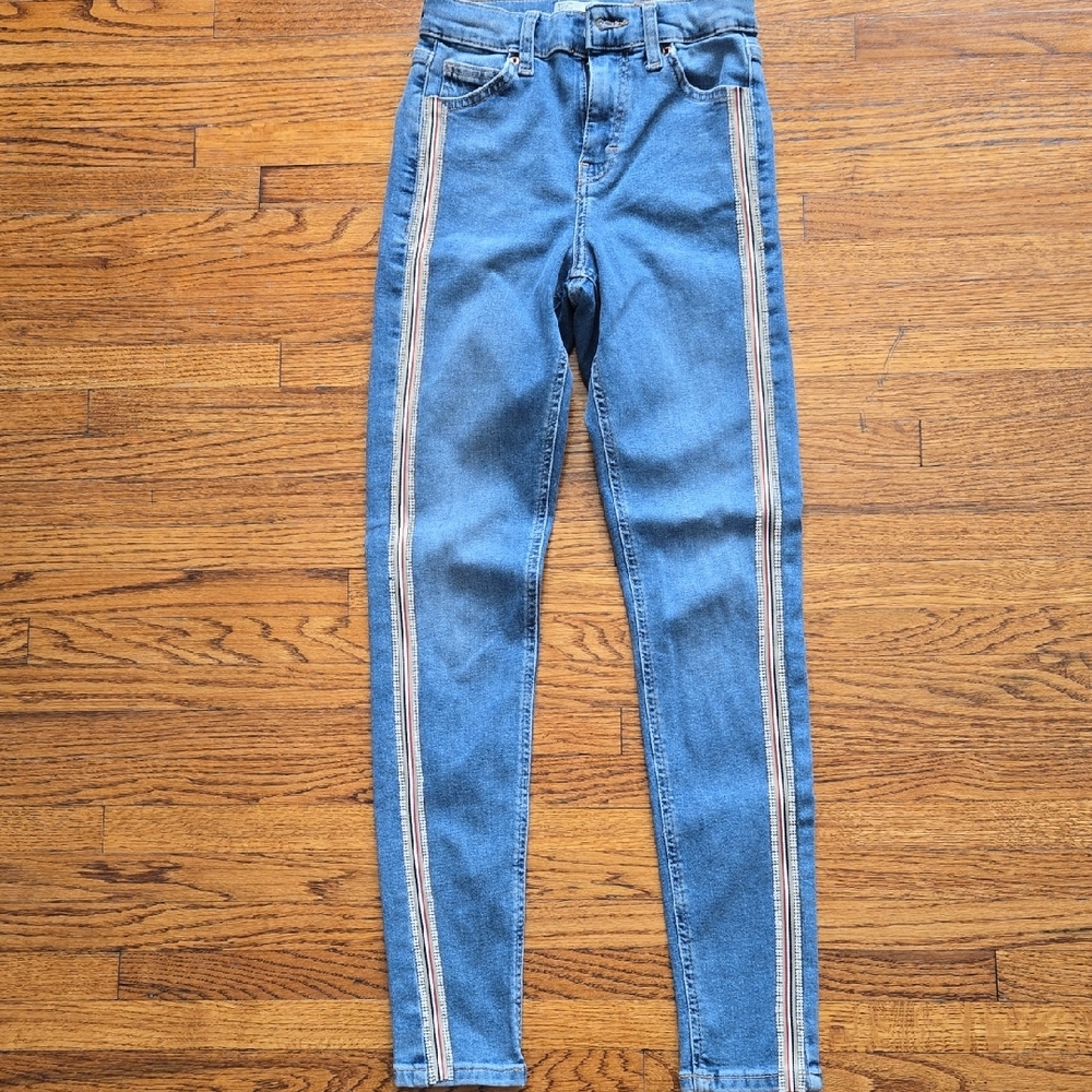 Topshop Blue Skinny Jeans with White Stripes